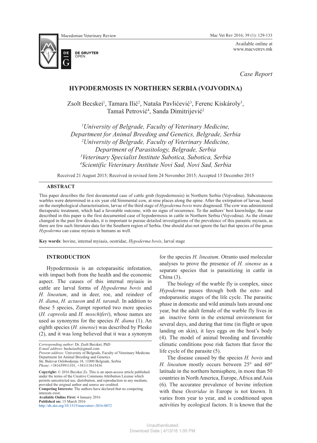 129 Case Report HYPODERMOSIS in NORTHERN SERBIA