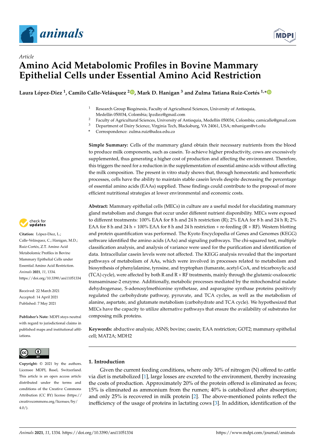 Amino Acid Metabolomic Profiles in Bovine Mammary Epithelial Cells Under Essential Amino Acid Restriction