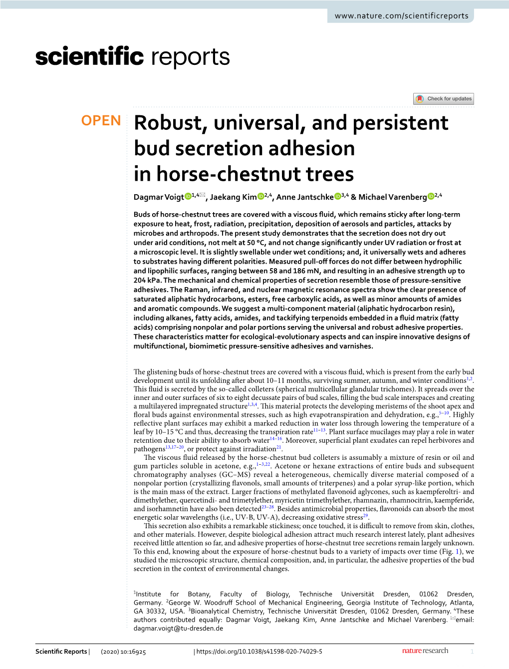 Robust, Universal, and Persistent Bud Secretion Adhesion in Horse‑Chestnut Trees Dagmar Voigt 1,4*, Jaekang Kim 2,4, Anne Jantschke 3,4 & Michael Varenberg 2,4