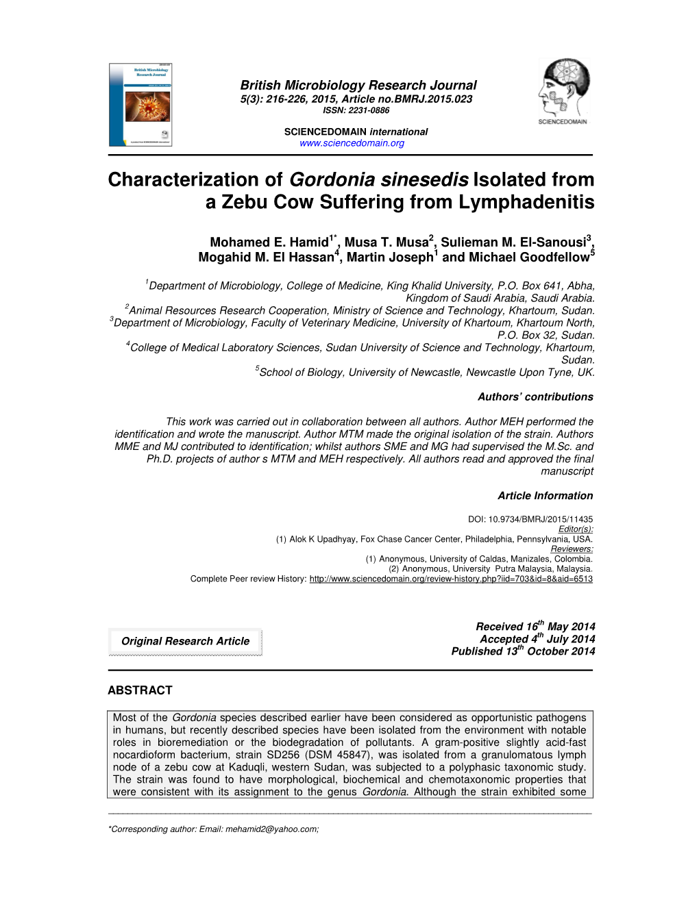 Characterization of Gordonia Sinesedis Isolated from a Zebu Cow Suffering from Lymphadenitis