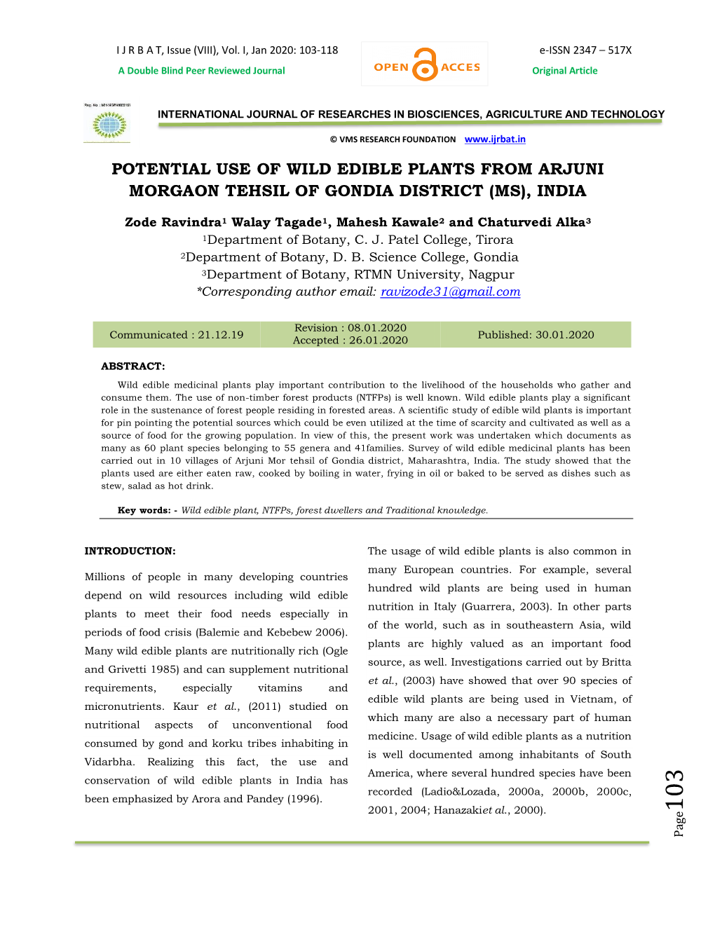 Potential Use of Wild Edible Plants from Arjuni Morgaon Tehsil of Gondia District (Ms), India