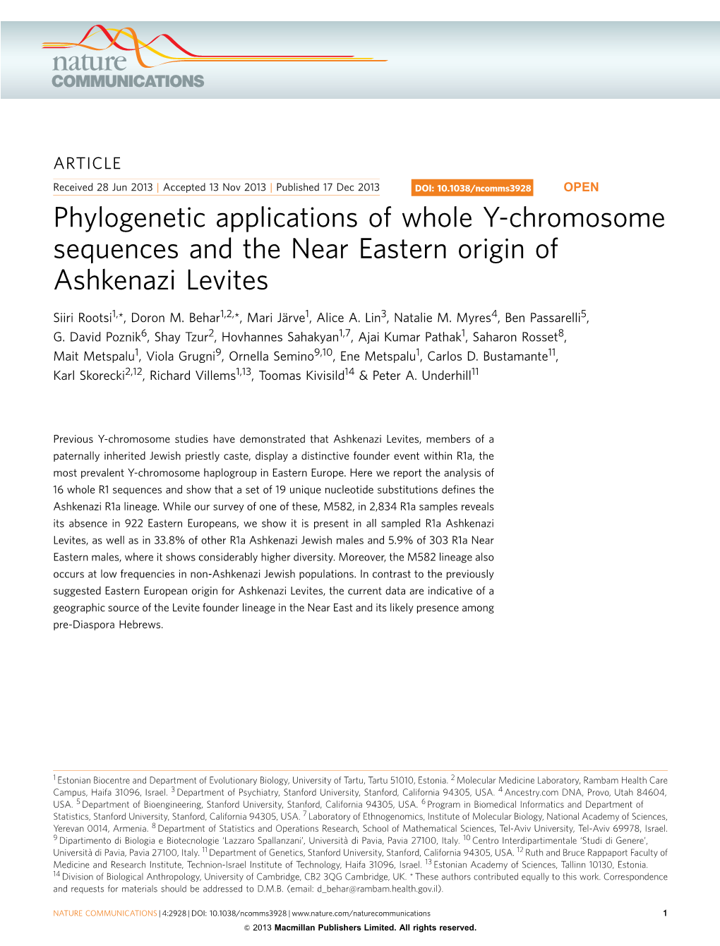 Phylogenetic Applications of Whole Y-Chromosome Sequences and the Near Eastern Origin of Ashkenazi Levites