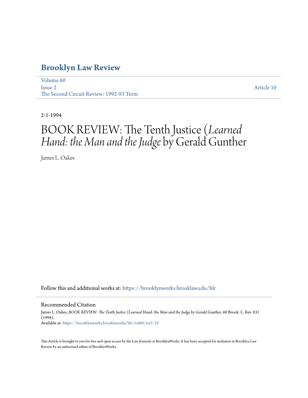 BOOK REVIEW: the Tenth Justice (Learned Hand: the Man and the Judge by Gerald Gunther, 60 Brook