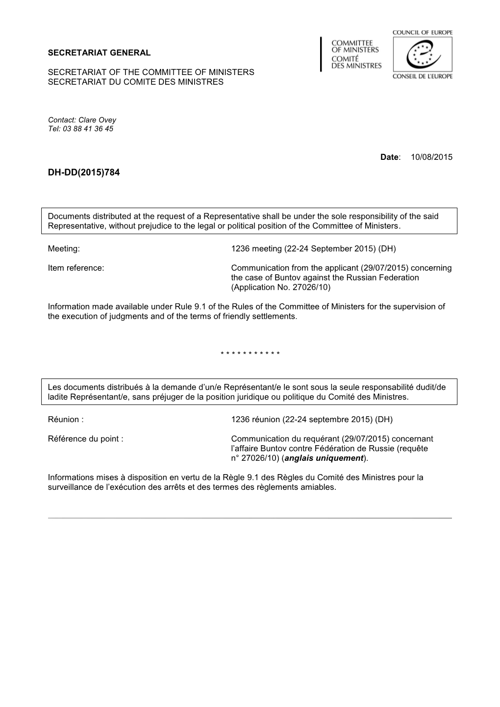 Committee of Ministers Secretariat Du Comite Des Ministres