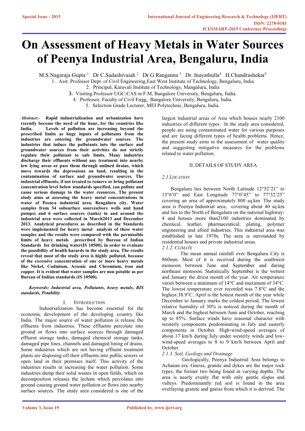 On Assessment of Heavy Metals in Water Sources of Peenya Industrial Area, Bengaluru, India