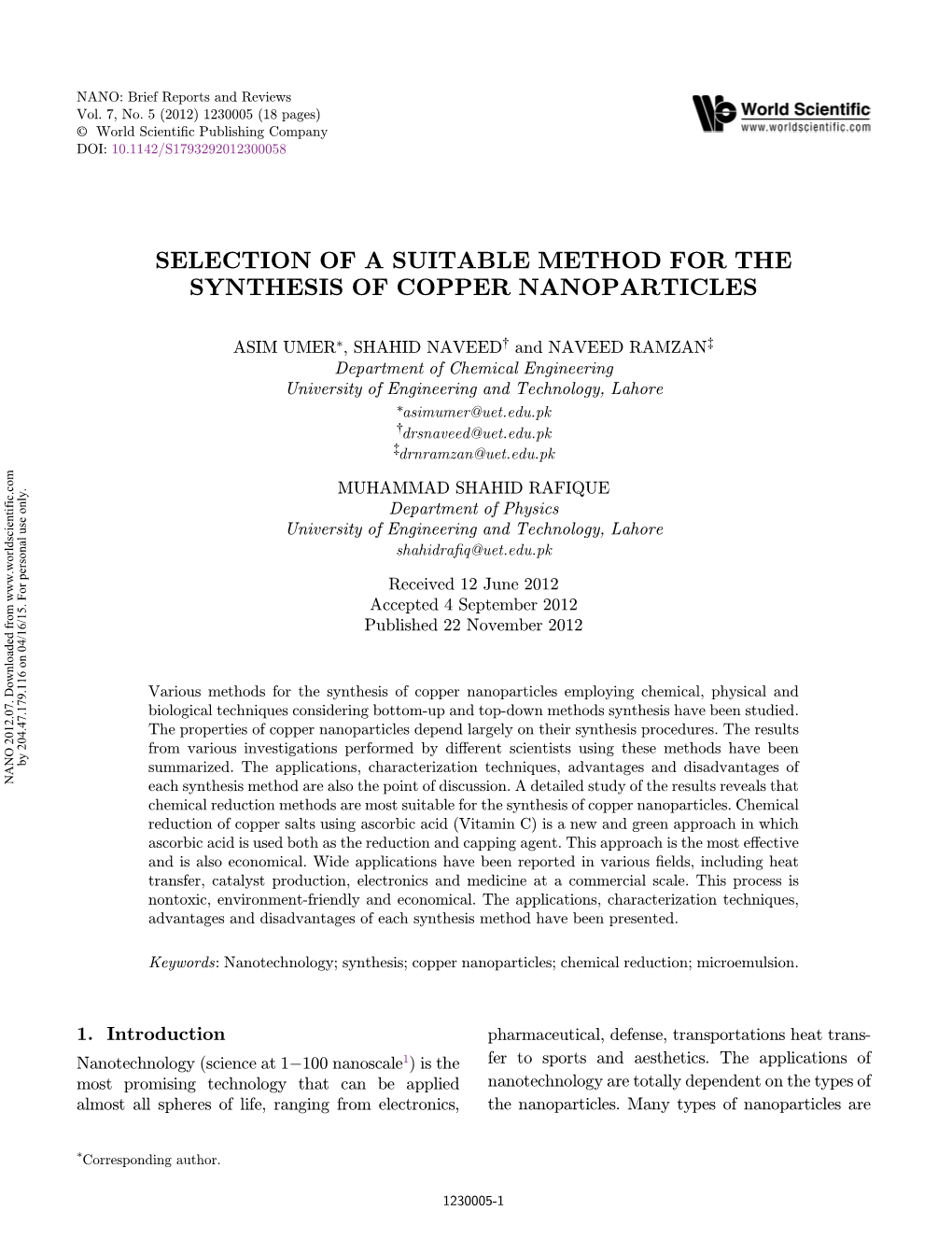 Selection of a Suitable Method for the Synthesis of Copper Nanoparticles