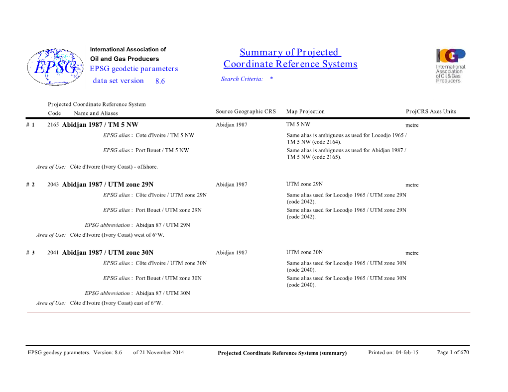 Summary of Projected Coordinate Reference Systems