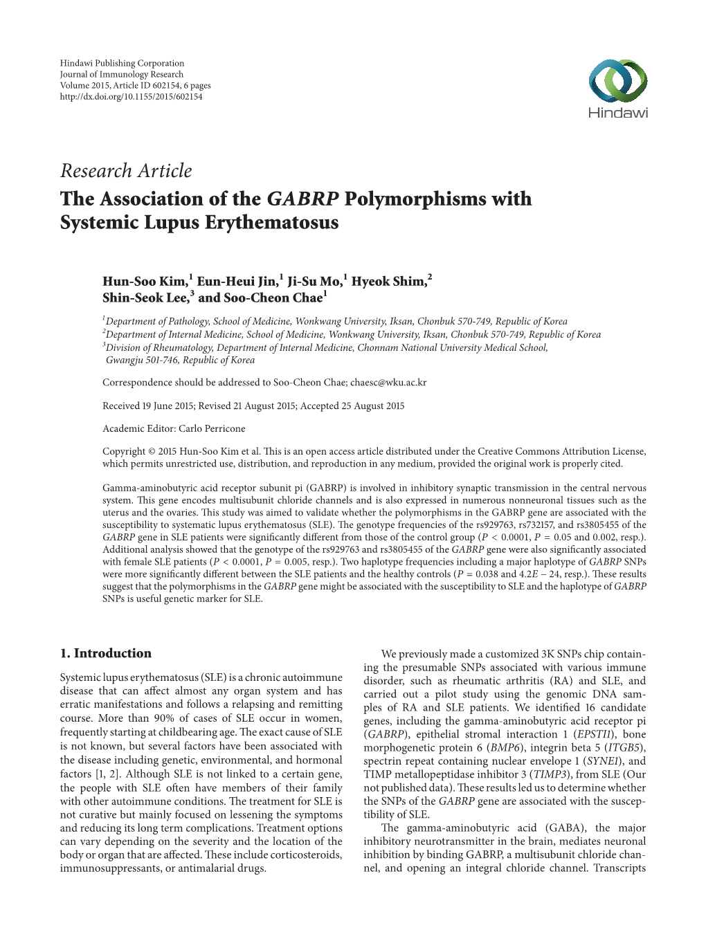 Research Article the Association of the GABRP Polymorphisms with Systemic Lupus Erythematosus