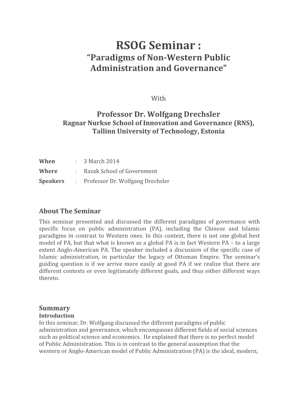 RSOG Seminar : “Paradigms of Non-Western Public Administration and Governance”