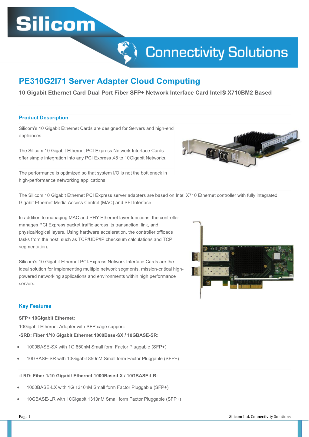 PE310G2I71 Server Adapter Cloud Computing 10 Gigabit Ethernet Card Dual Port Fiber SFP+ Network Interface Card Intel® X710BM2 Based