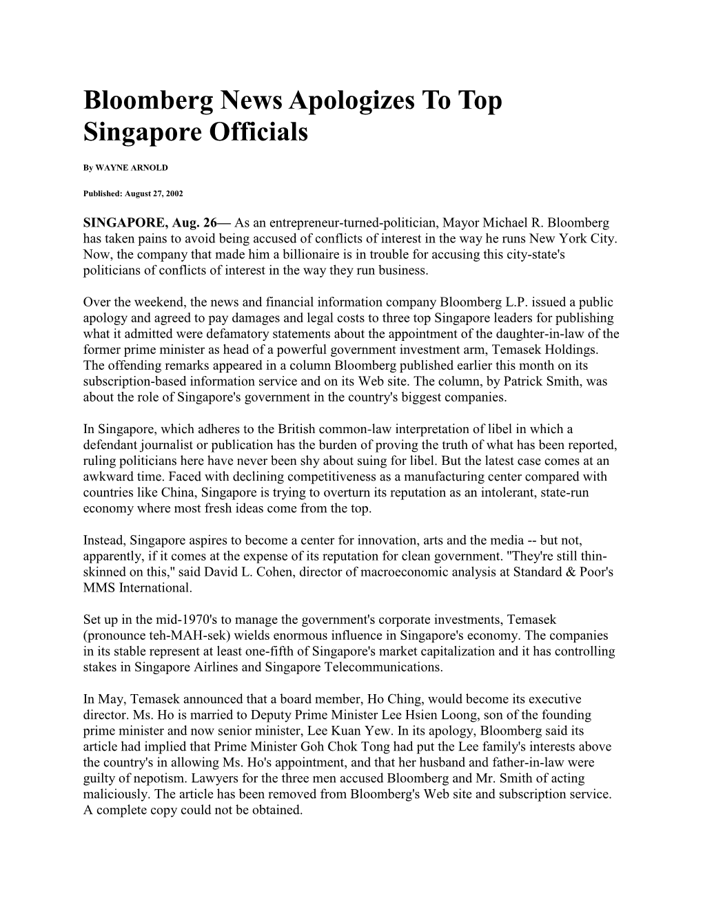 Bloomberg News Apologizes to Top Singapore Officials