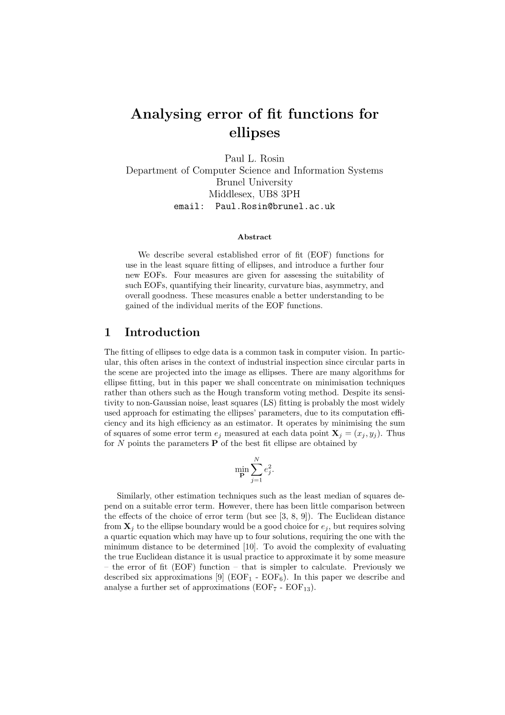 Analysing Error of Fit Functions for Ellipses