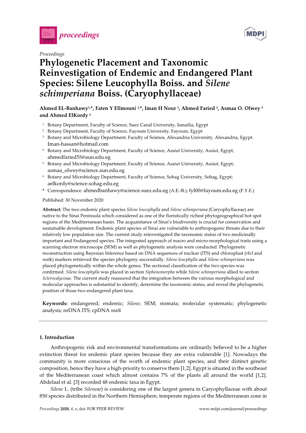 Phylogenetic Placement and Taxonomic Reinvestigation of Endemic and Endangered Plant Species: Silene Leucophylla Boiss