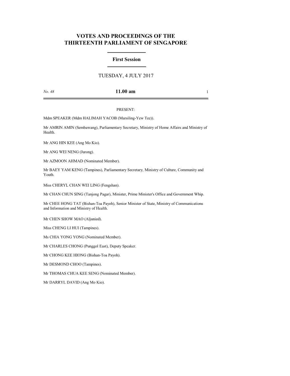 Votes and Proceedings of the Thirteenth Parliament of Singapore