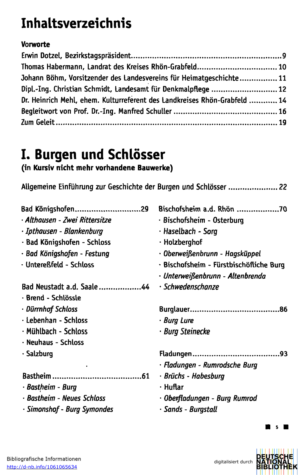 Inhaltsverzeichnis I. Burgen Und Schlösser