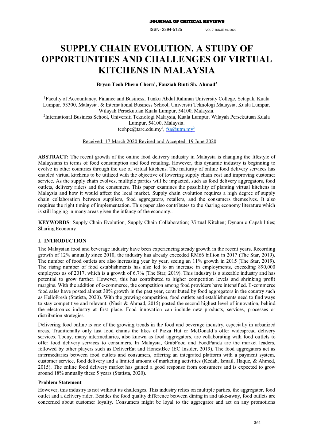 Supply Chain Evolution. a Study of Opportunities and Challenges of Virtual Kitchens in Malaysia