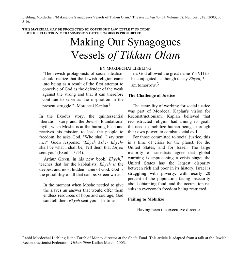 Making Our Synagogues Vessels of Tikkun Olam.Pdf