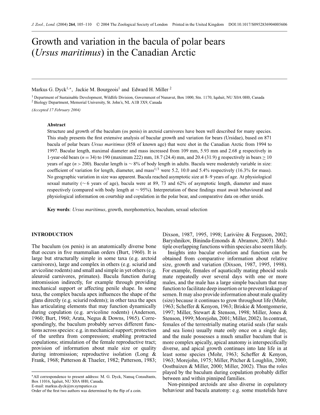 Growth and Variation in the Bacula of Polar Bears (Ursus Maritimus) in the Canadian Arctic