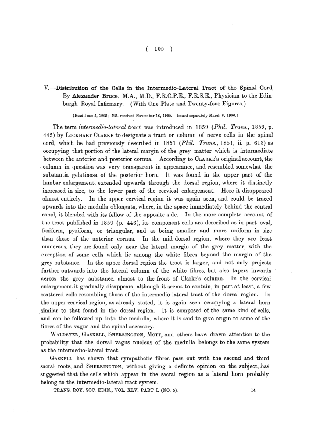 ( 105 ) V.—Distribution of the Cells in the Intermedio-Lateral Tract of The