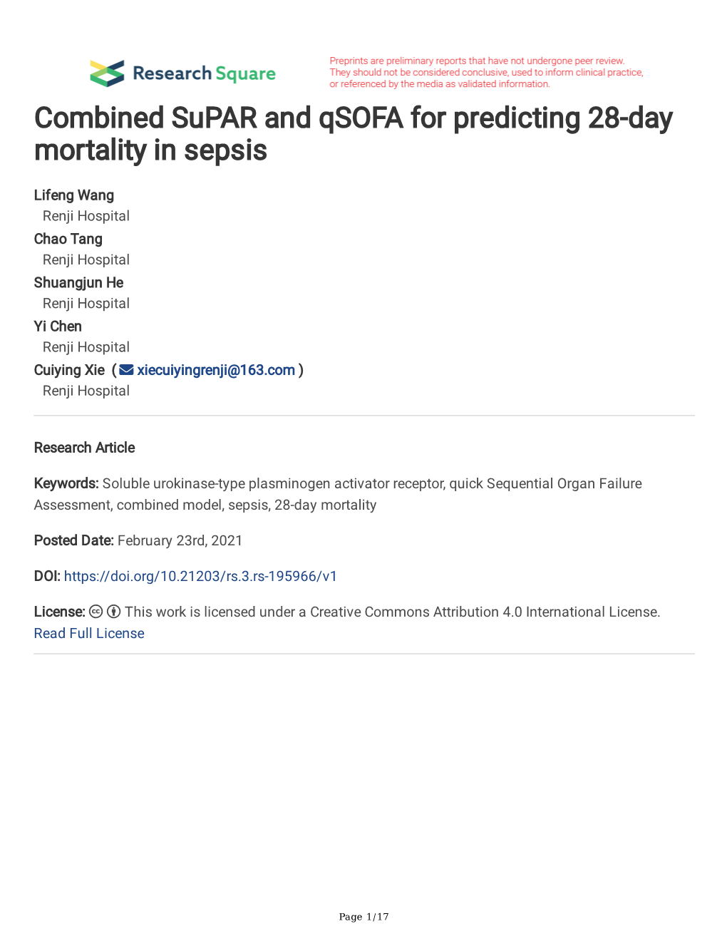 Combined Supar and Qsofa for Predicting 28-Day Mortality in Sepsis