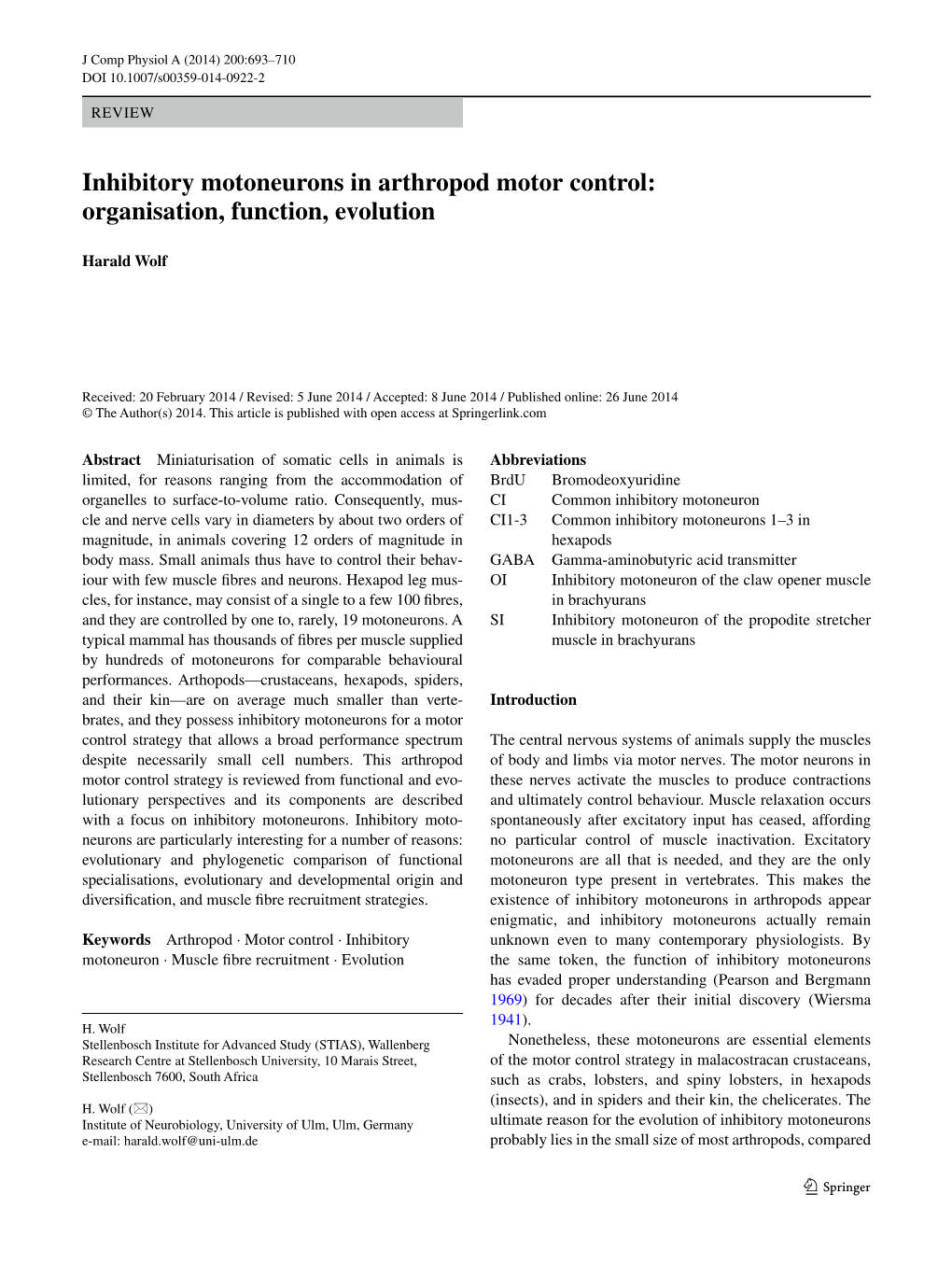 Inhibitory Motoneurons in Arthropod Motor Control: Organisation, Function, Evolution