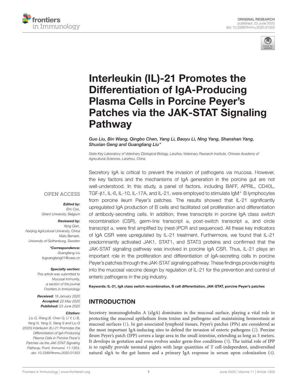 Interleukin (IL)-21 Promotes the Differentiation of Iga-Producing Plasma Cells in Porcine Peyer’S Patches Via the JAK-STAT Signaling Pathway