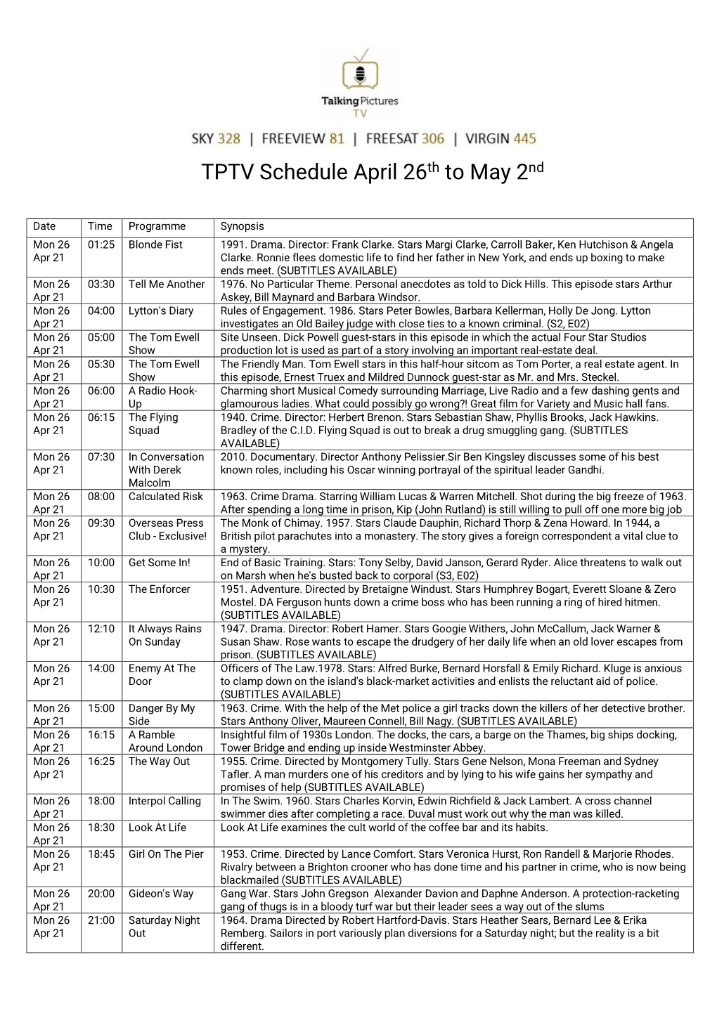 TPTV Schedule April 26Th to May 2Nd