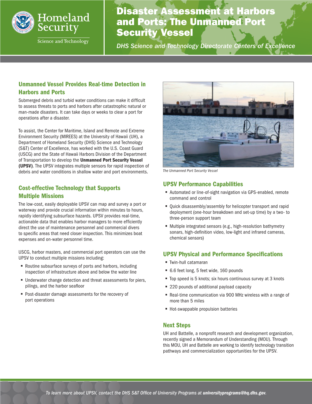 Disaster Assessment at Harbors and Ports: the Unmanned Port Security Vessel DHS Science and Technology Directorate Centers of Excellence