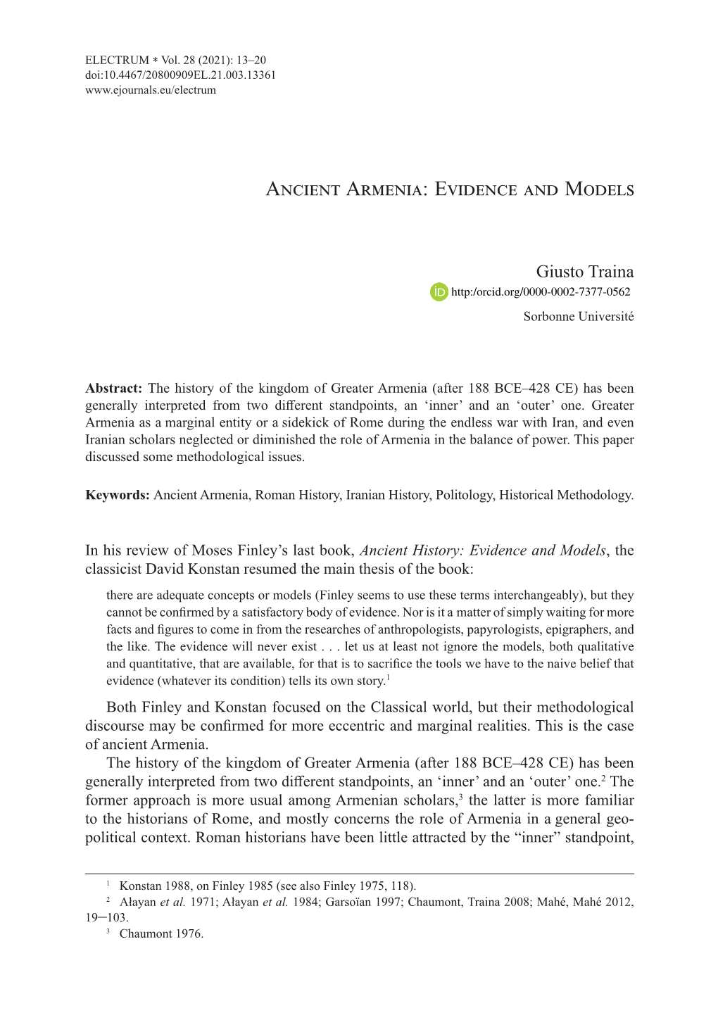 Ancient Armenia: Evidence and Models