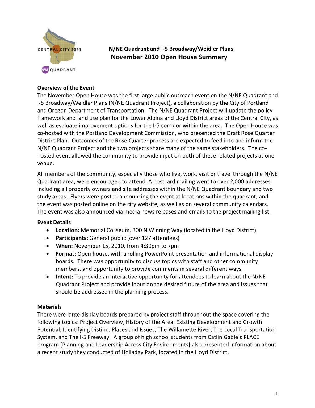 N/NE Quadrant and I-5 Broadway/Weidler Plans