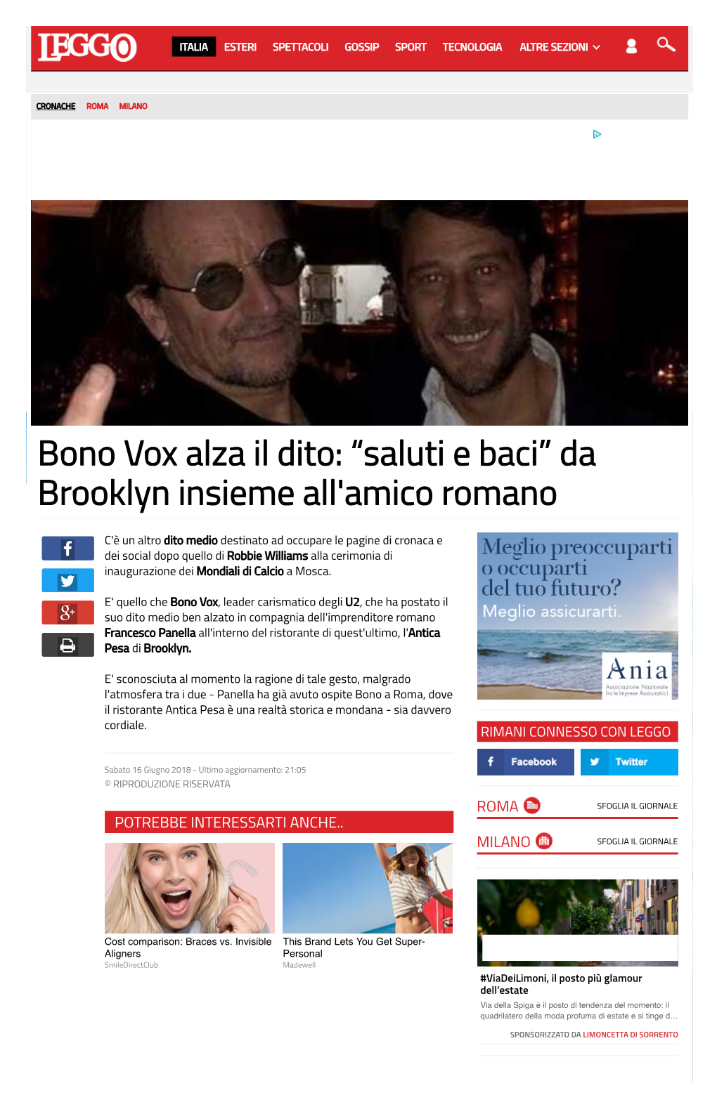 Bono Vox Alza Il Dito: “Saluti E Baci” Da Brooklyn Insieme All'amico Romano