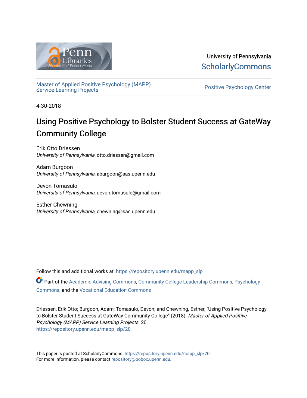 Using Positive Psychology to Bolster Student Success at Gateway Community College