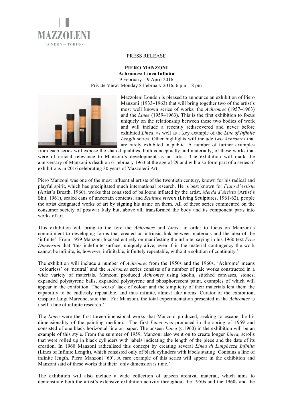 Piero Manzoni Mazzoleni London February 2016 Press