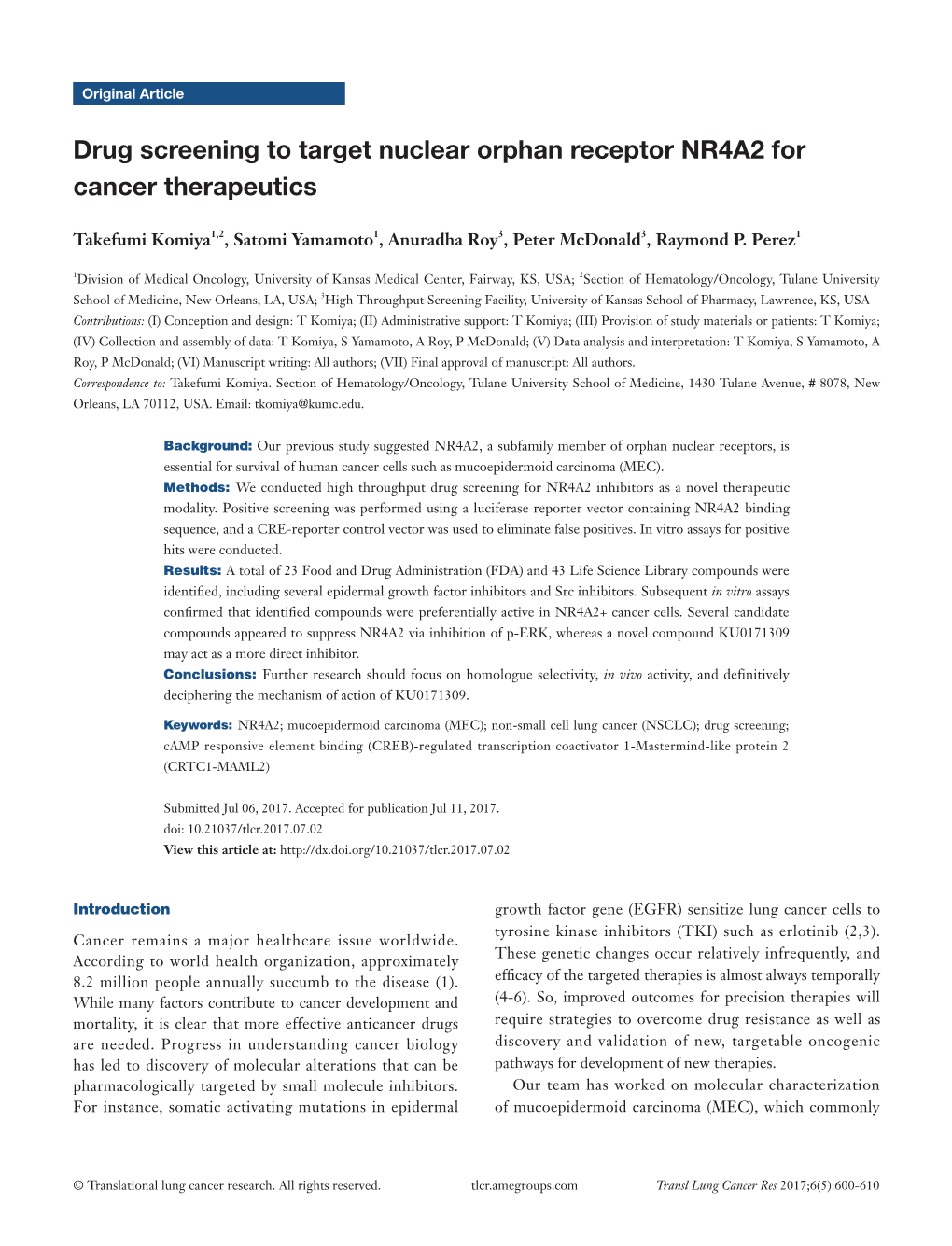 Drug Screening to Target Nuclear Orphan Receptor NR4A2 for Cancer Therapeutics