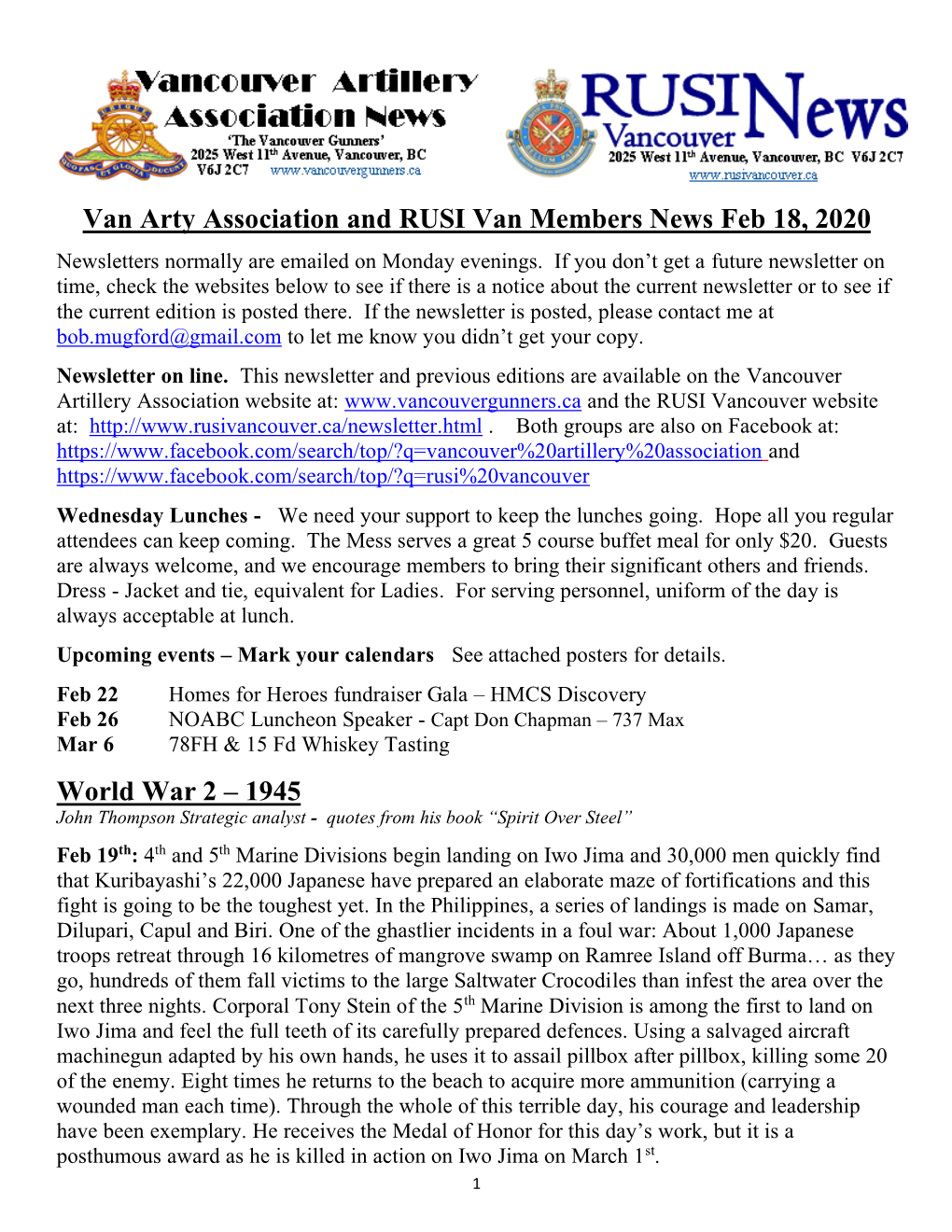 Van Arty Association and RUSI Van Members News Feb 18, 2020