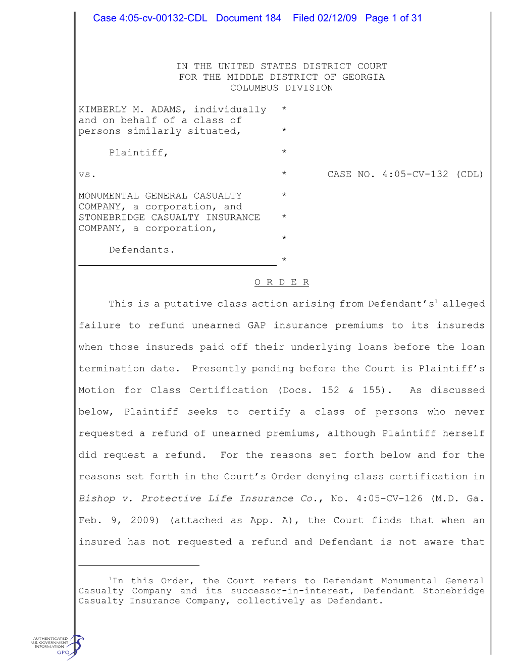 Case 4:05-Cv-00132-CDL Document 184 Filed 02/12/09 Page 1 of 31