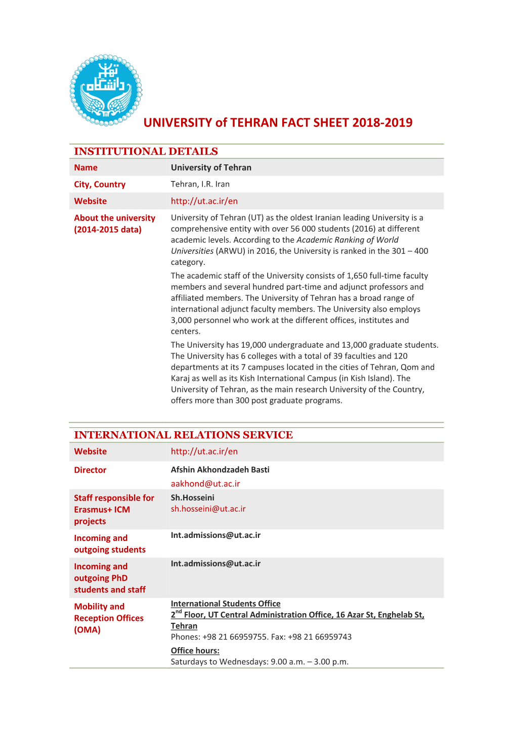 UNIVERSITY of TEHRAN FACT SHEET 2018-2019