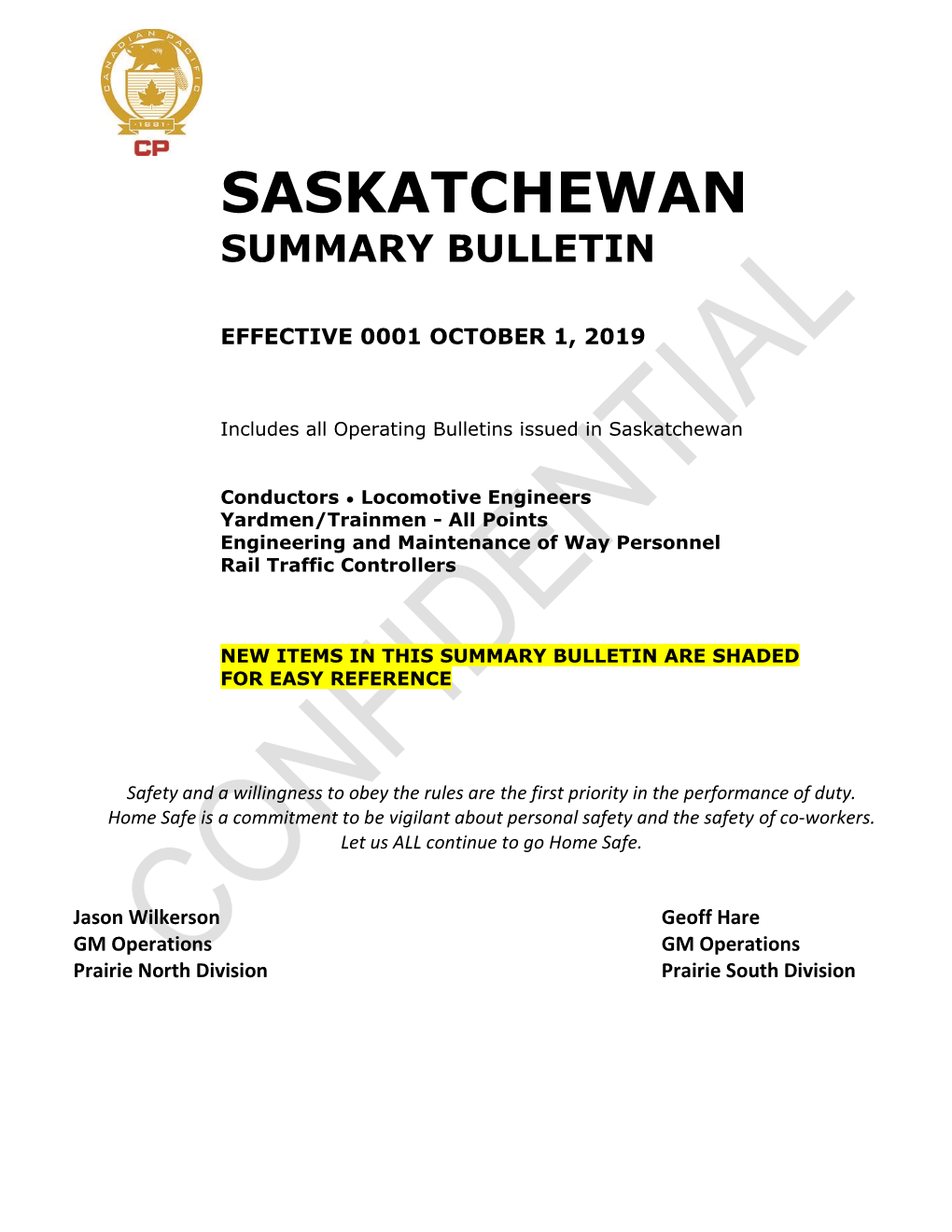 Saskatchewan Summary Bulletin