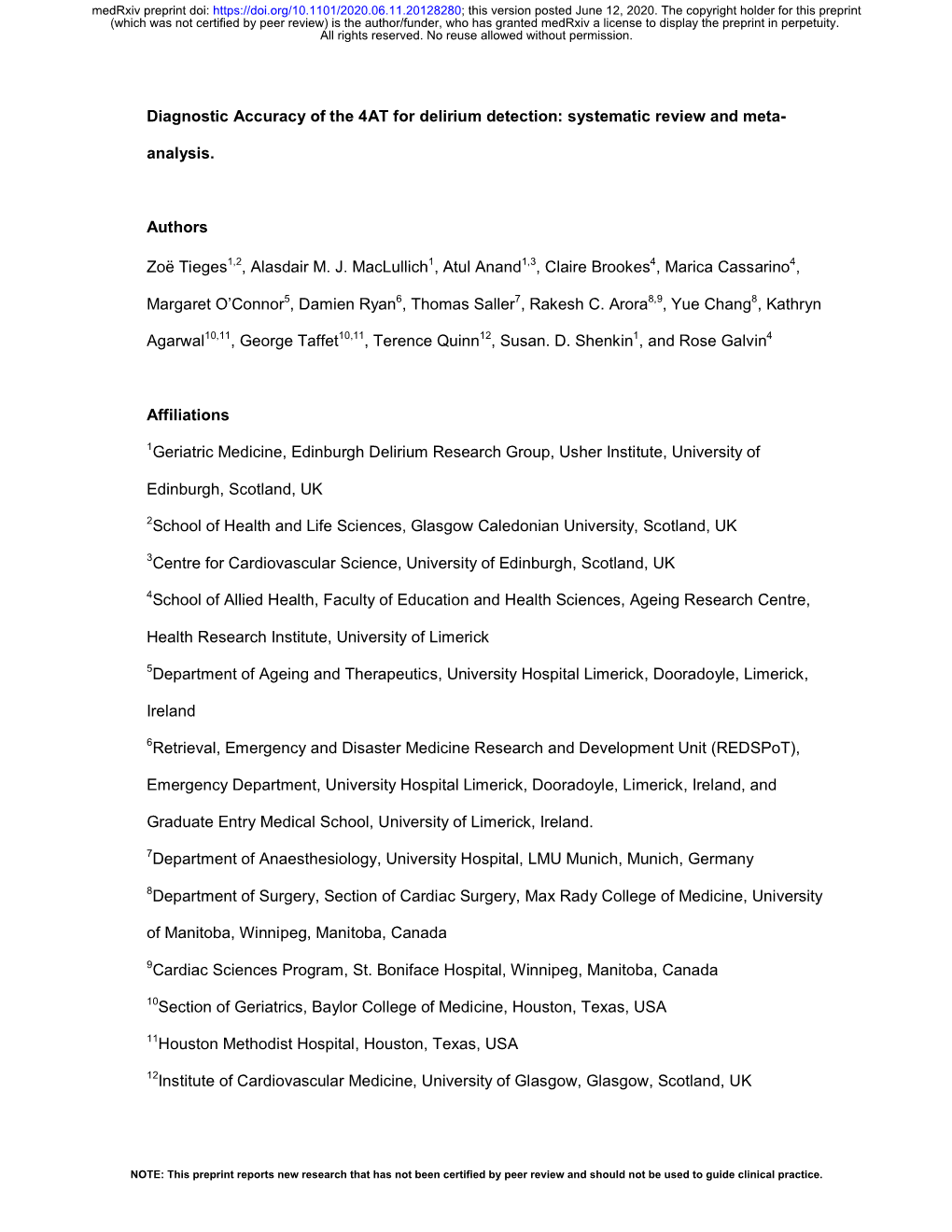 Diagnostic Accuracy of the 4AT for Delirium Detection: Systematic Review and Meta