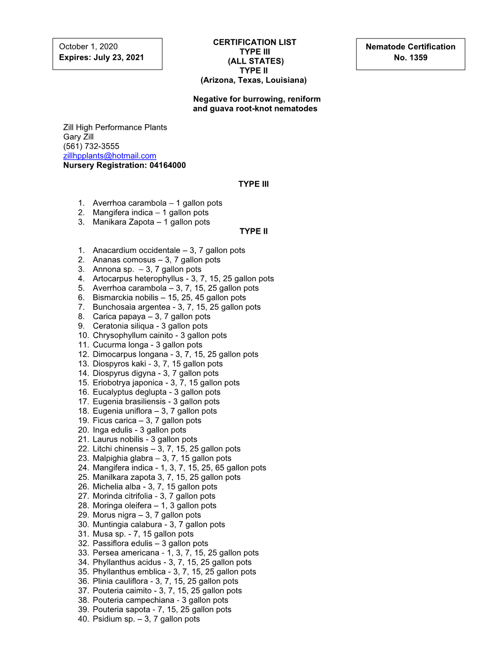 Zill High Performance Plants Gary Zill (561) 732-3555 Zillhpplants@Hotmail.Com Nursery Registration: 04164000