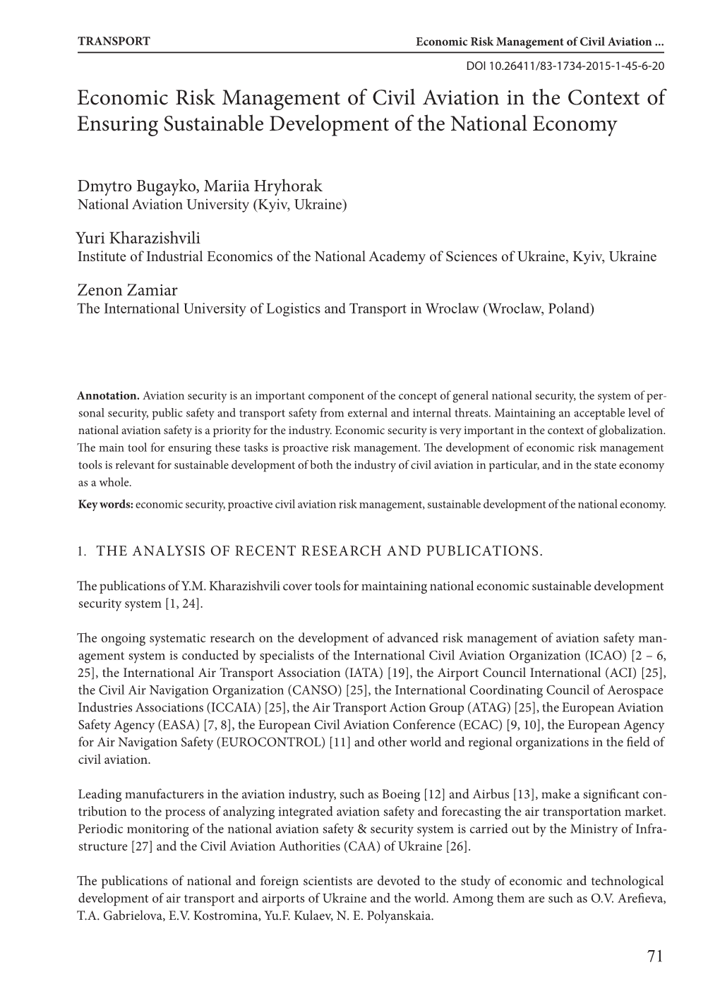 Economic Risk Management of Civil Aviation in the Context of Ensuring Sustainable Development of the National Economy