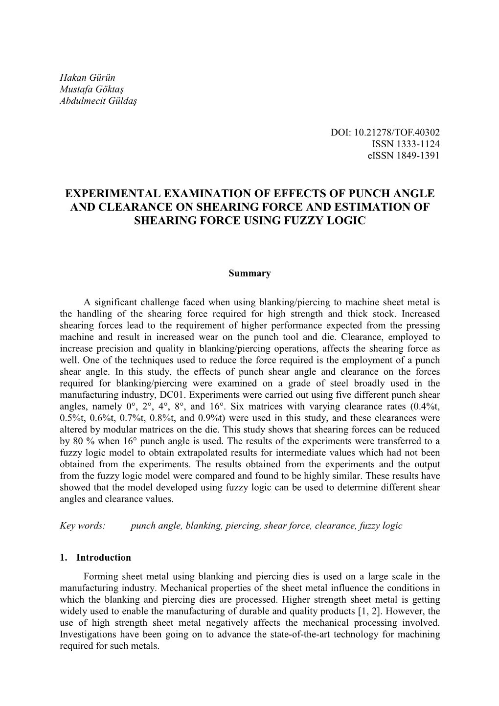 Experimental Examination of Effects of Punch Angle and Clearance on Shearing Force and Estimation of Shearing Force Using Fuzzy Logic