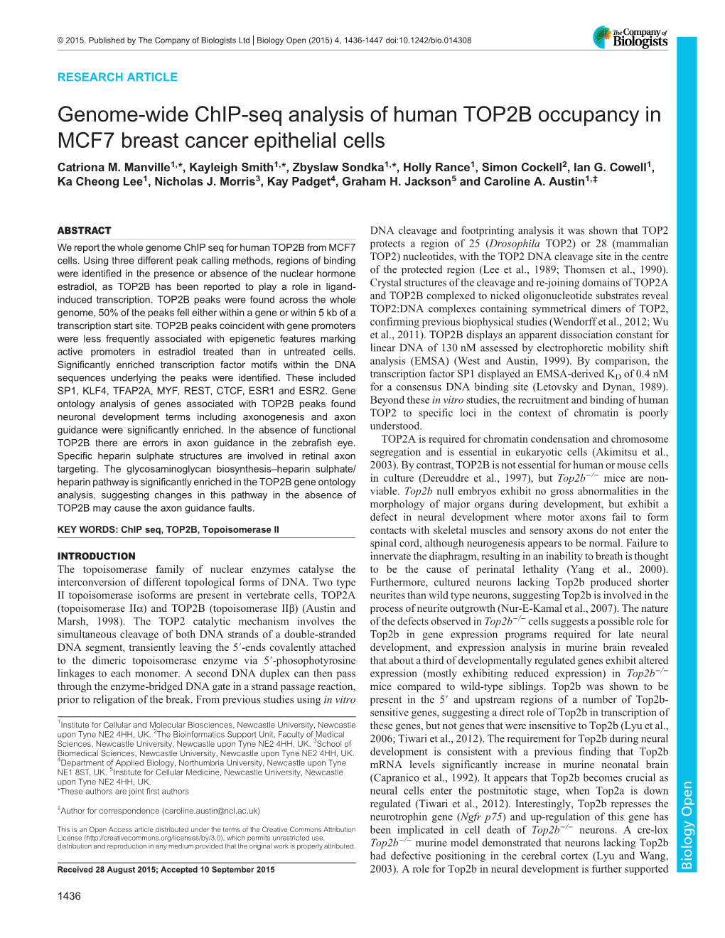 Genome-Wide Chip-Seq Analysis of Human TOP2B Occupancy in MCF7 Breast Cancer Epithelial Cells Catriona M
