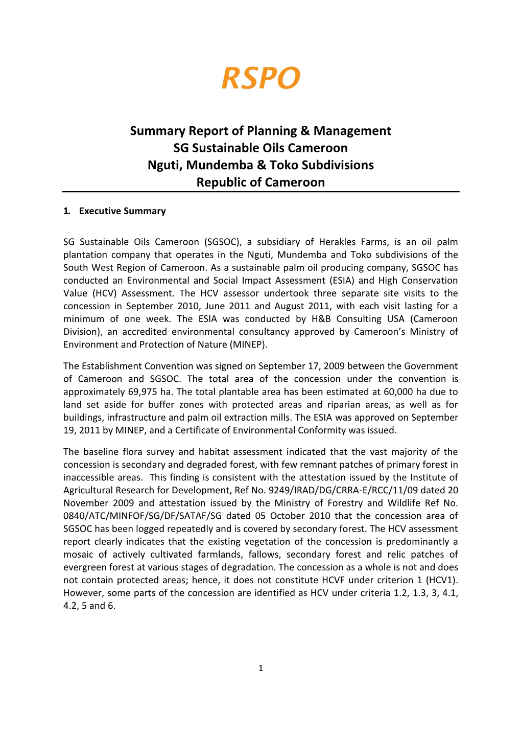 Summary Report of Planning & Management SG Sustainable Oils