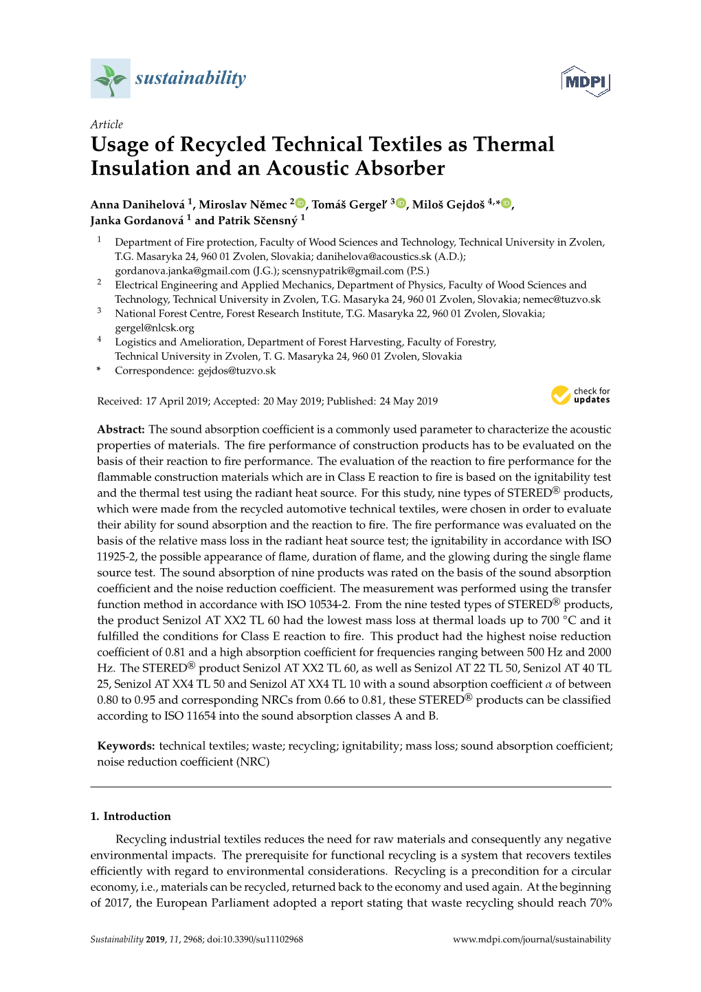 Usage of Recycled Technical Textiles As Thermal Insulation and an Acoustic Absorber