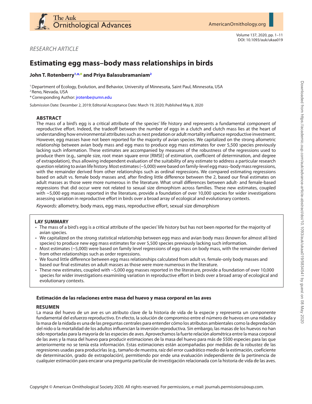 Estimating Egg Mass–Body Mass Relationships in Birds John T