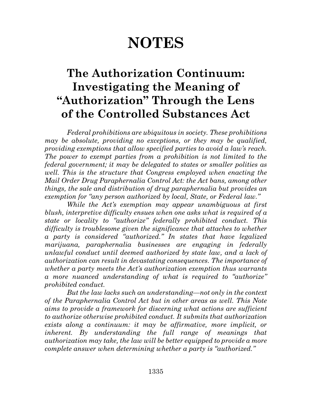 The Authorization Continuum: Investigating the Meaning of “Authorization” Through the Lens of the Controlled Substances Act