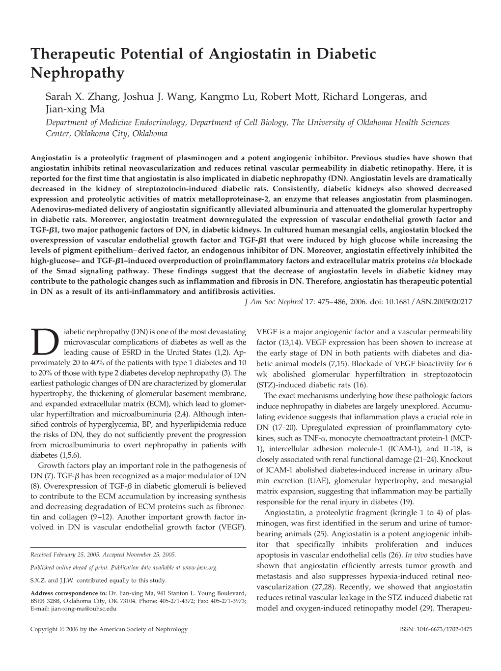 Therapeutic Potential of Angiostatin in Diabetic Nephropathy