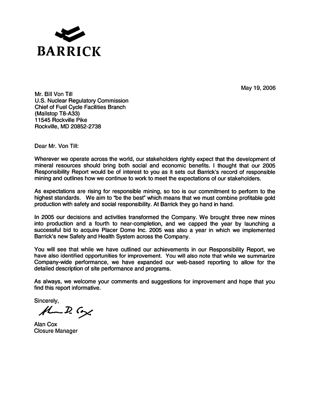 2005 Responsibility Report from Barrick Gold Corporation Re