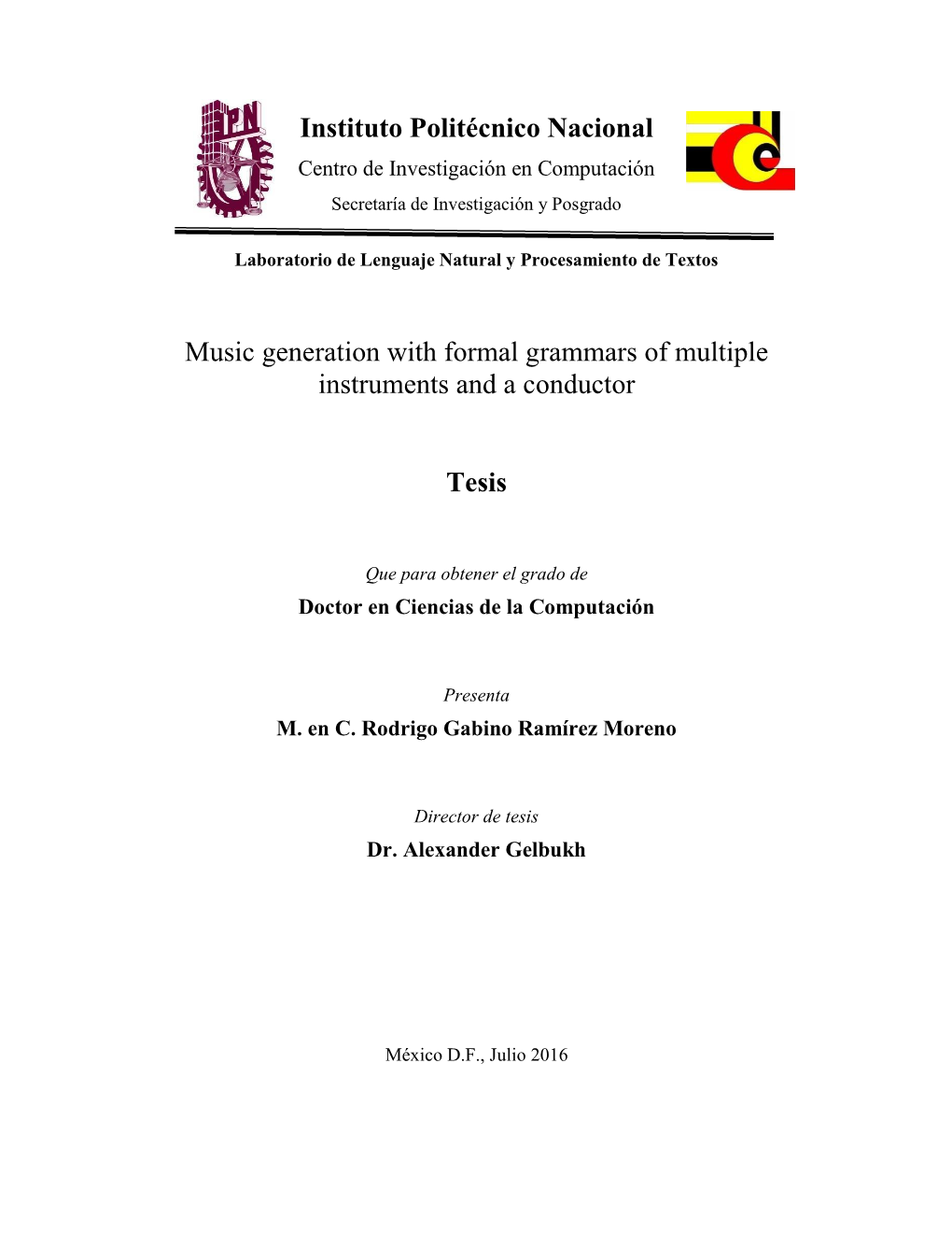 Instituto Politécnico Nacional Music Generation with Formal Grammars Of